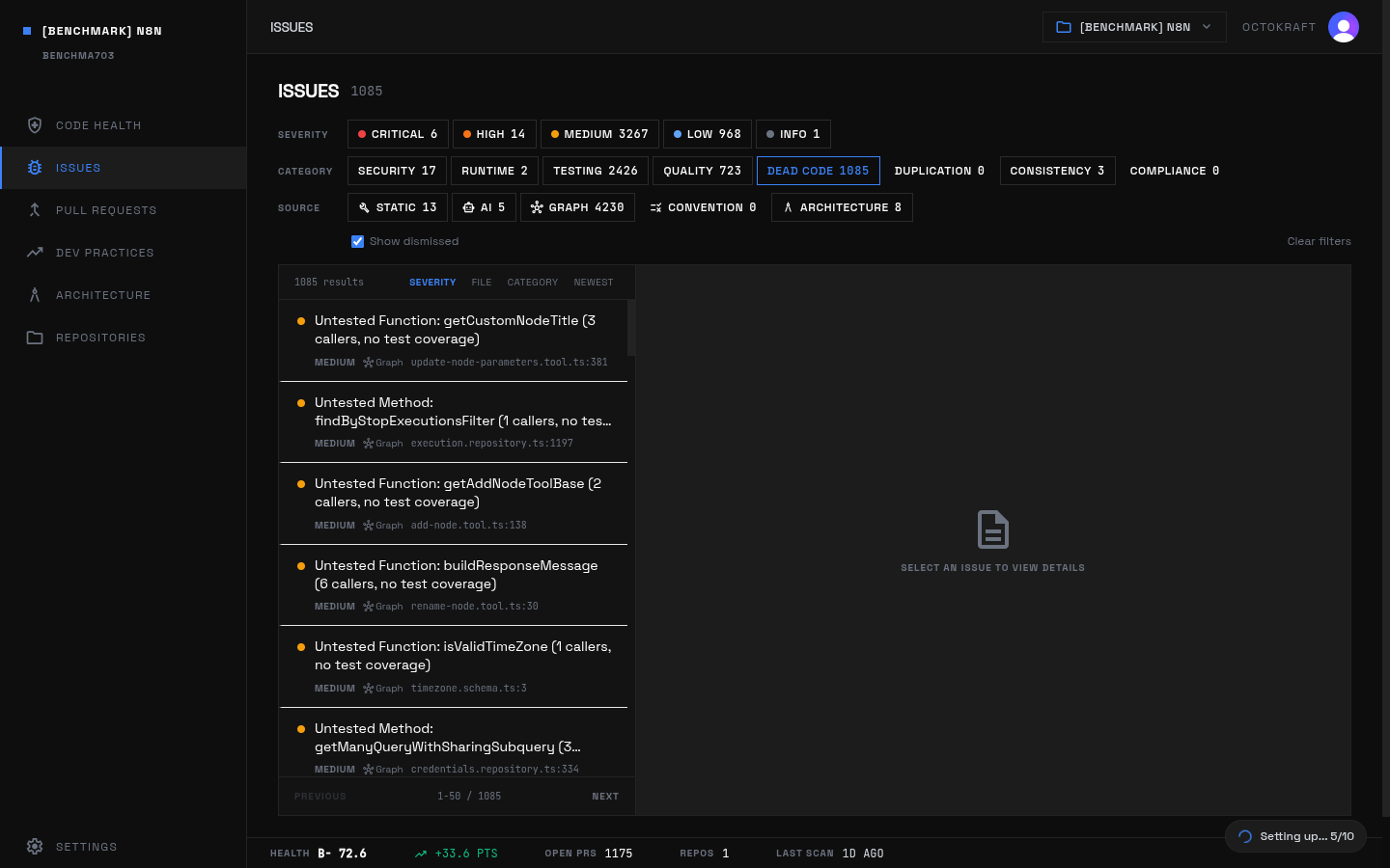 n8n dead code issues panel showing 1,085 findings
