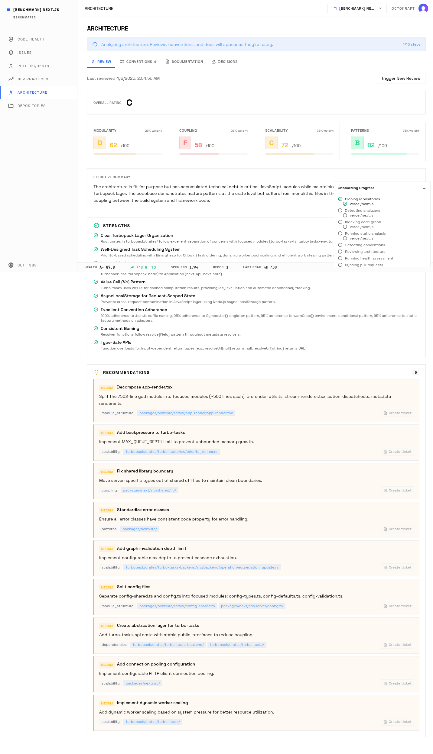 Next.js architecture review showing C grade with modularity 62, coupling 58, patterns 82, scalability 72