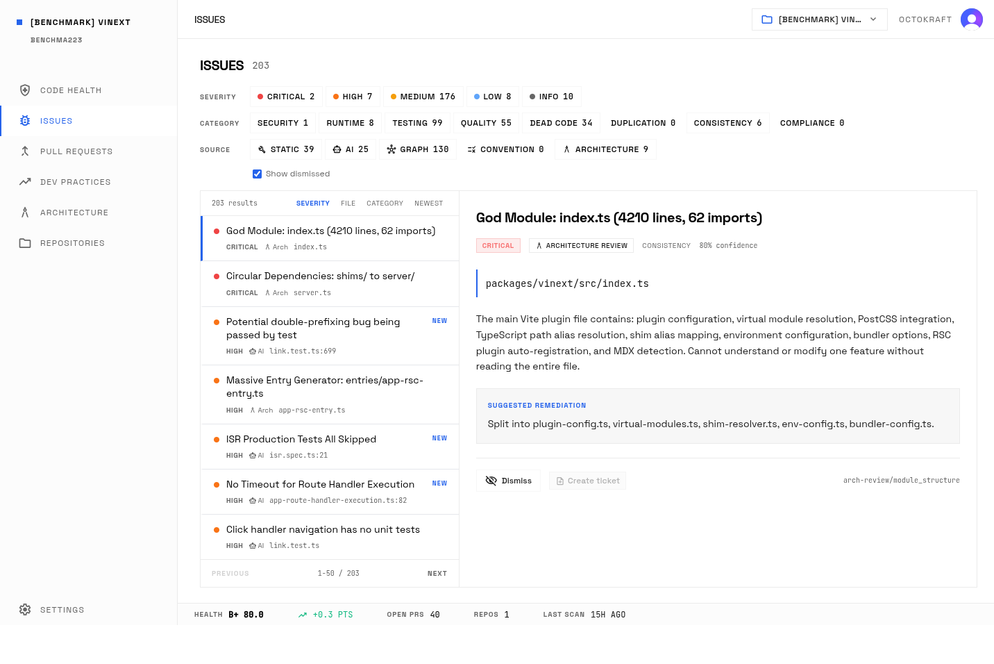 Vinext issues list showing 203 total issues including code smells, testing gaps, and runtime risks