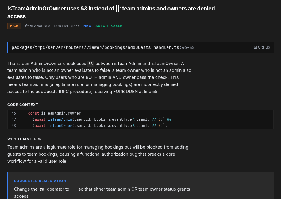 Corbulo pull request finding showing an authorization bug, the affected code, impact, and remediation